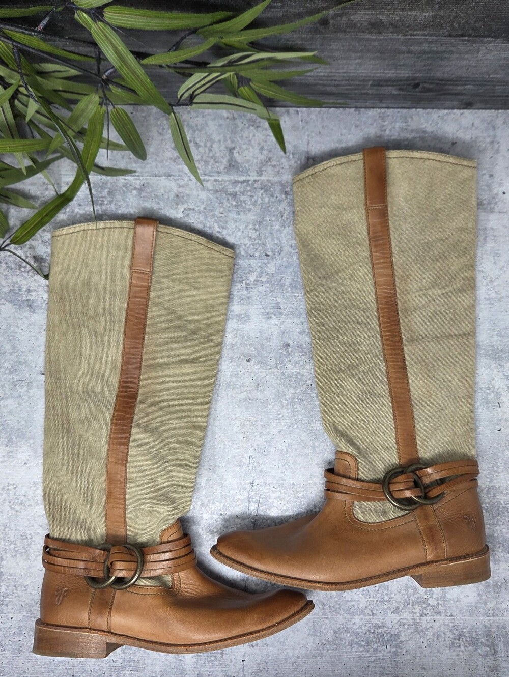 Frye Melissa Tall Brown Riding Boots Tan Canvas Upper Size 6 Pull-On 1" Heel
